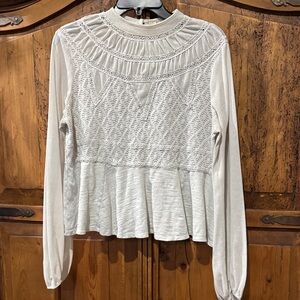 Lace Yoke Peplum Long-Sleeve Top - White